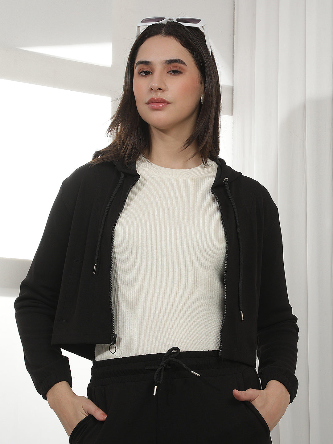 Black Hooded Cropped Front-Open Sweatshirt