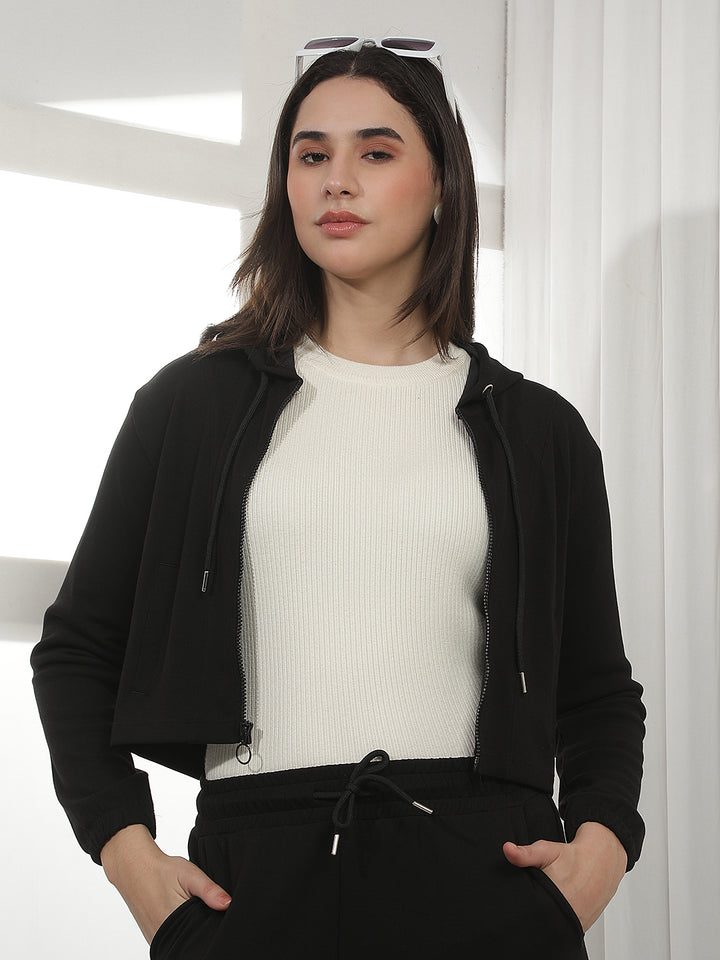 Black Hooded Cropped Front-Open Sweatshirt