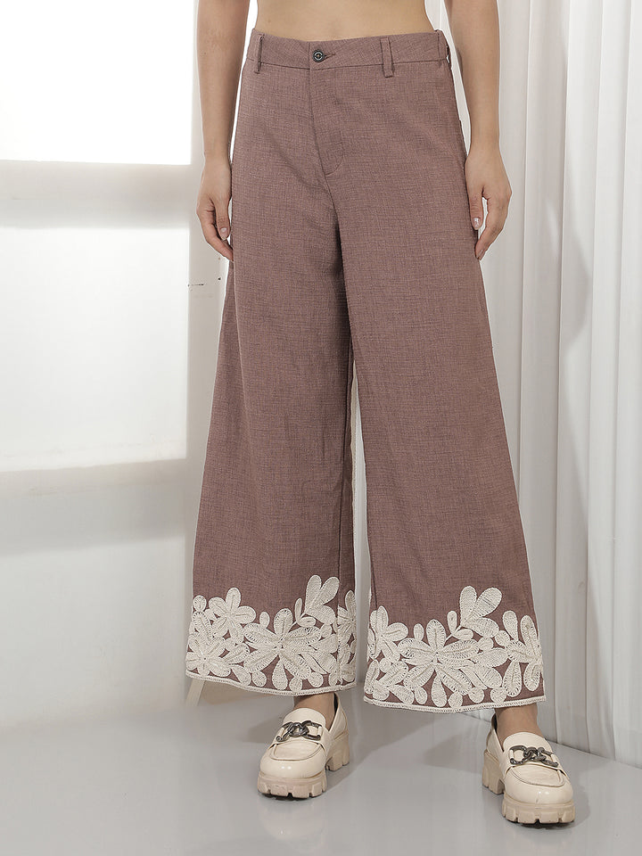 Brown Embroidered 100% Cotton Wide Leg Trousers