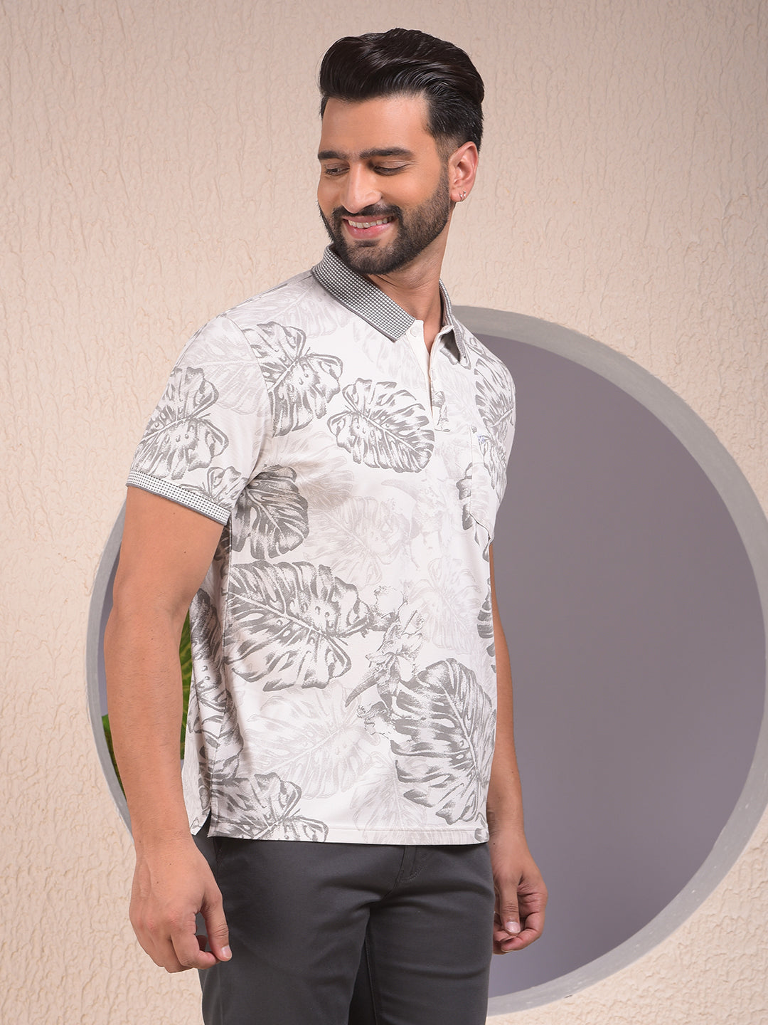 Grey Floral Print Polo Neck T-Shirt
