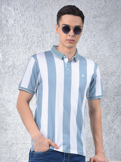 Blue Vertical Stripes 100% Cotton Polo Neck T-Shirt-Men T-Shirts-Crimsoune Club