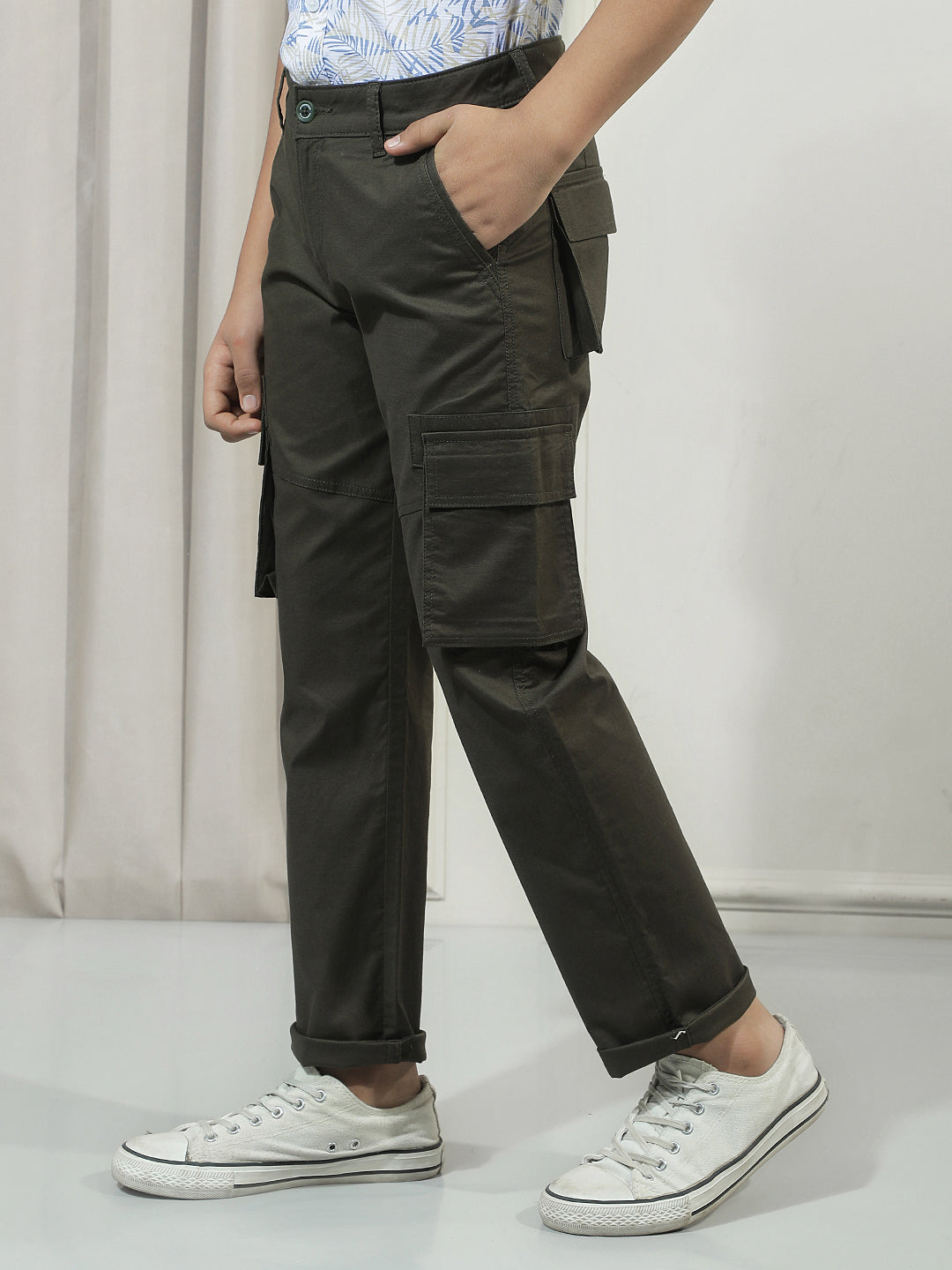 Olive Cotton Straight Stretchable Cargo Trousers