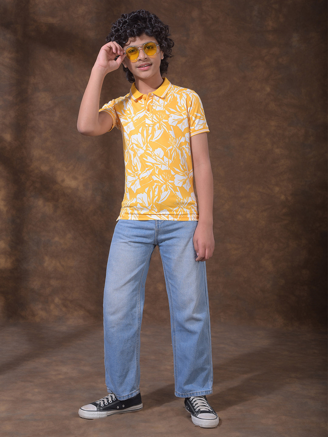 Yellow Printed Polo Neck T-Shirt