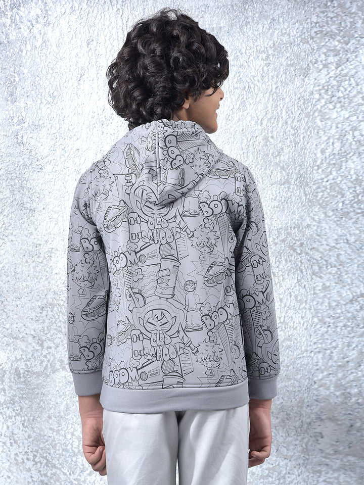 Grey Graphic Print Hooded Neck Sweatshirt