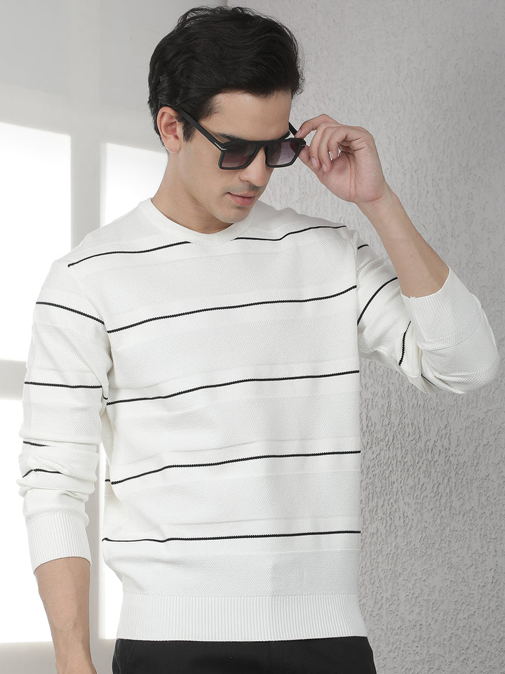 White Horizontal Stripes Round Neck Sweater