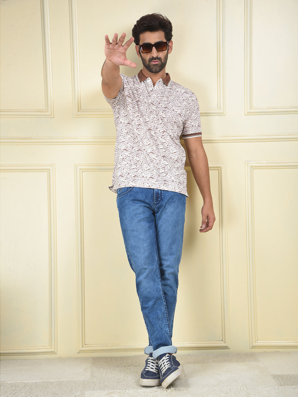 Brown Printed Polo Neck T-Shirt