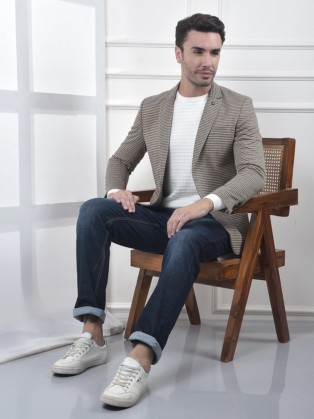 Brown Jacquard Single-Breasted Blazer