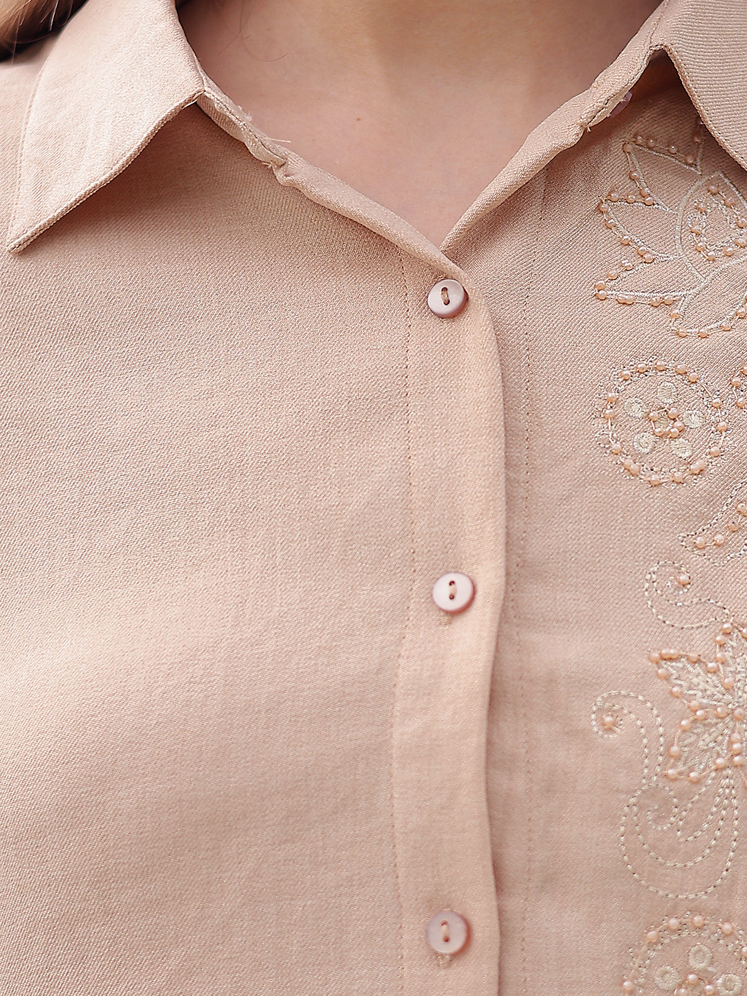 Beige Floral Embroidered Shirt