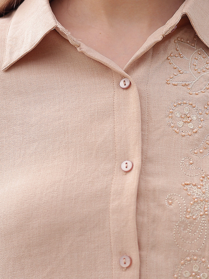 Beige Floral Embroidered Shirt