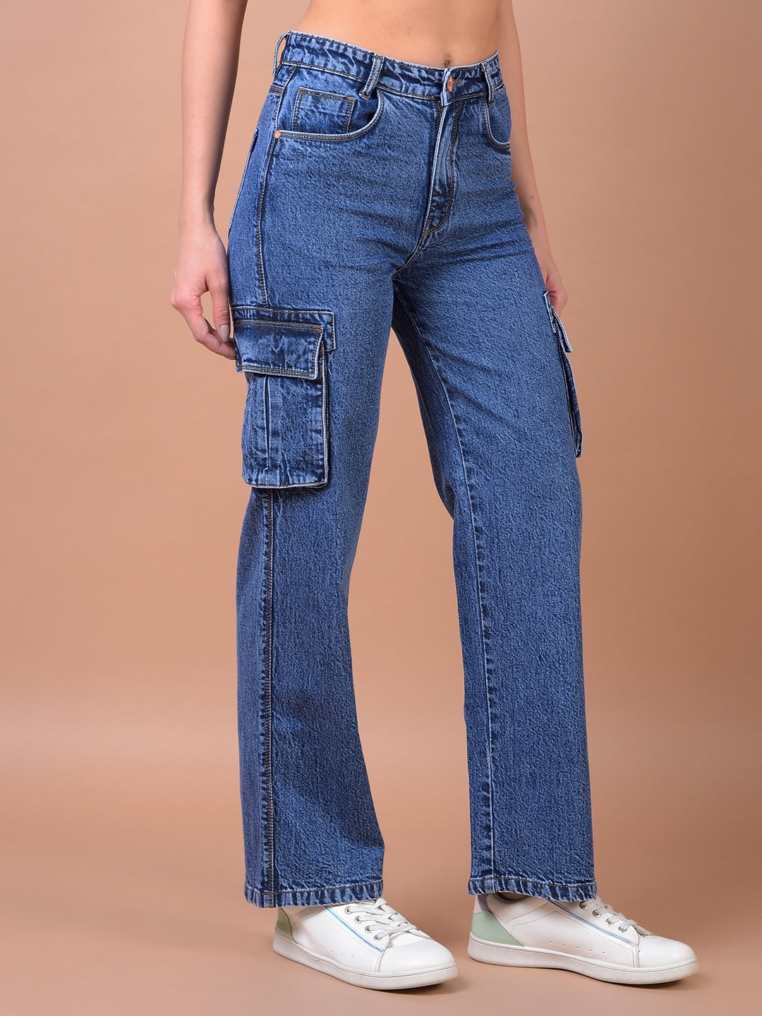 Blue Wide Leg 100% Cotton Cargo Jeans