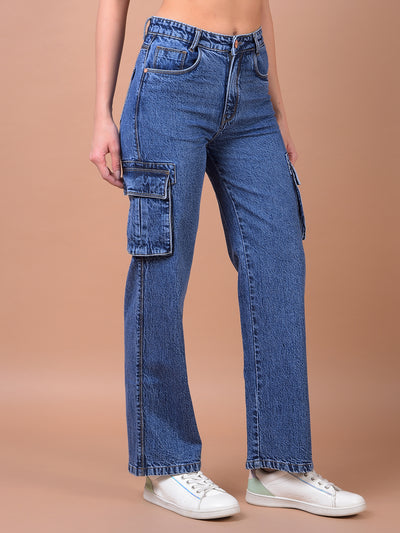 Blue Wide Leg 100% Cotton Cargo Jeans
