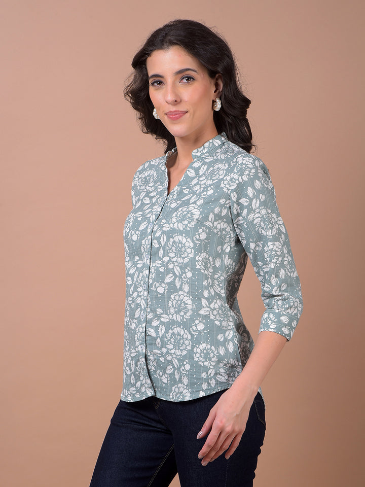 Green Floral Print 100% Cotton V-Neck Shirt