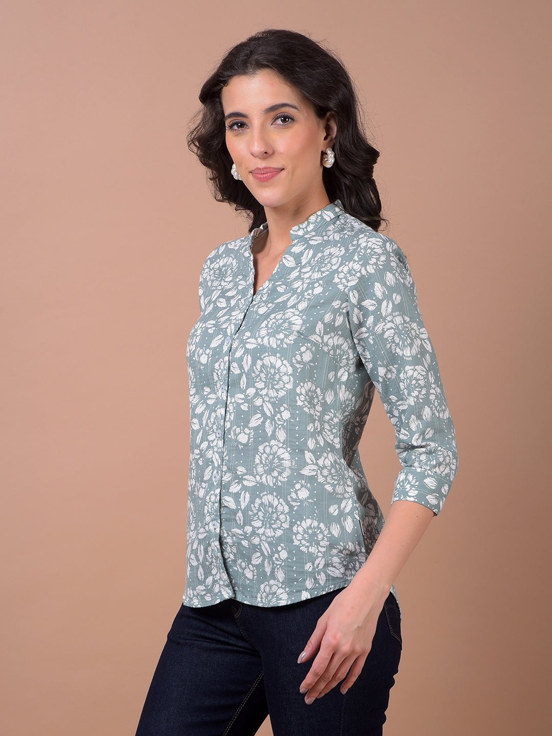 Green Floral Print 100% Cotton V-Neck Shirt