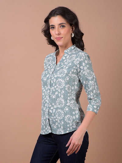 Green Floral Print 100% Cotton V-Neck Shirt