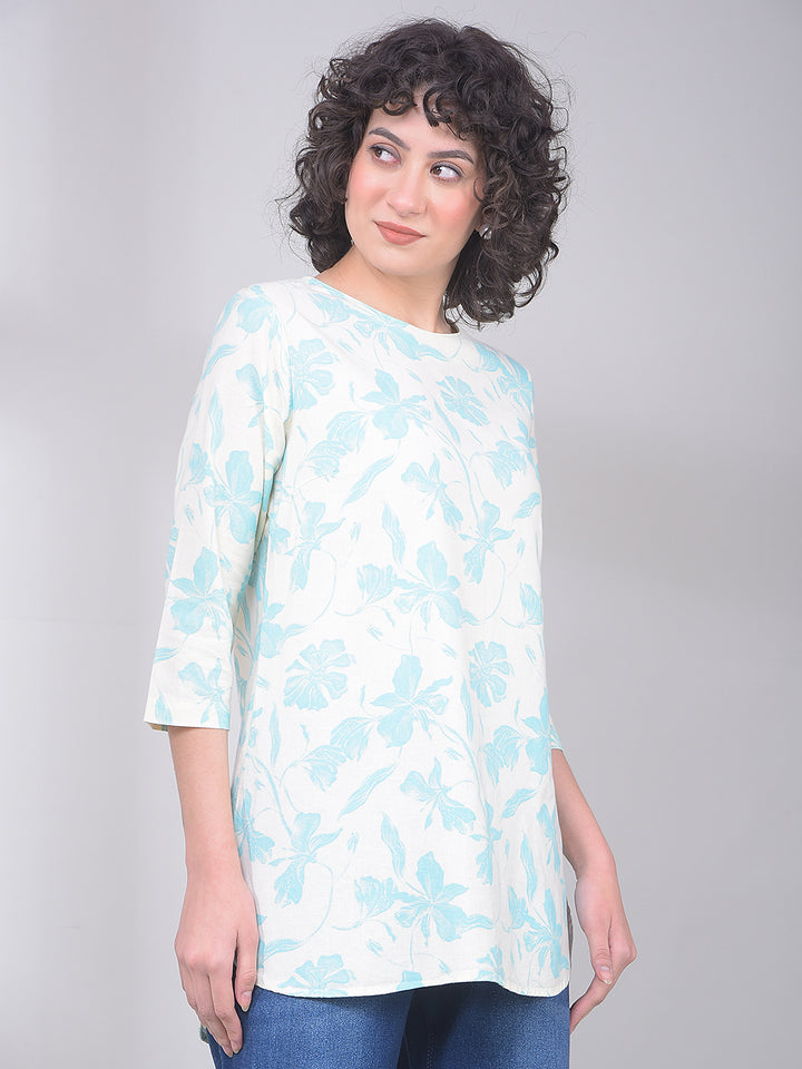Blue Floral Print Linen Top