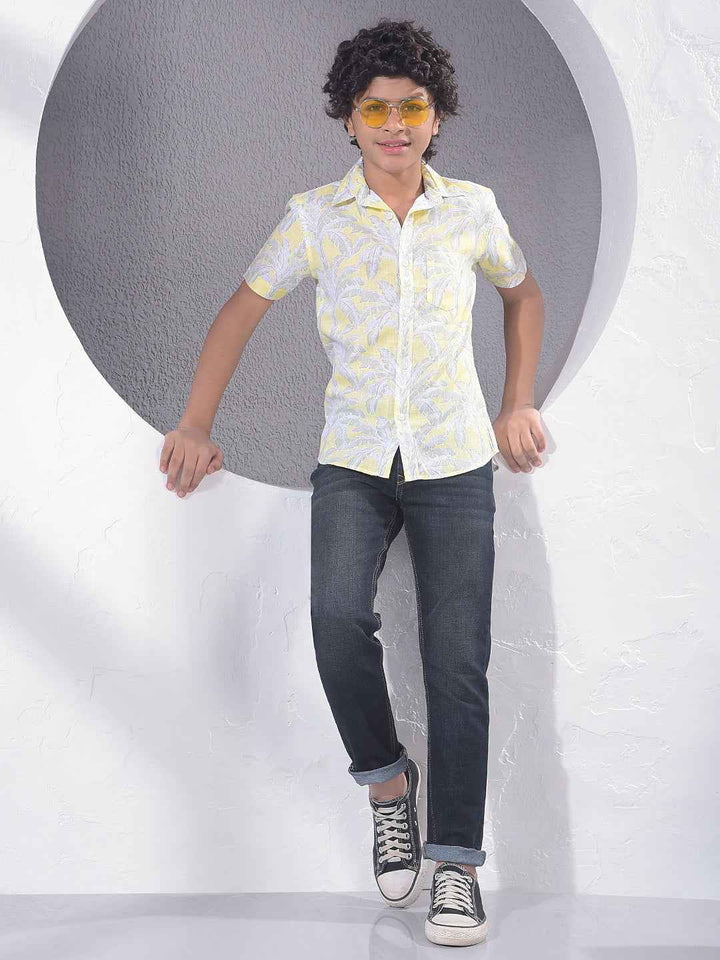 Yellow Botanical Print Linen Shirt