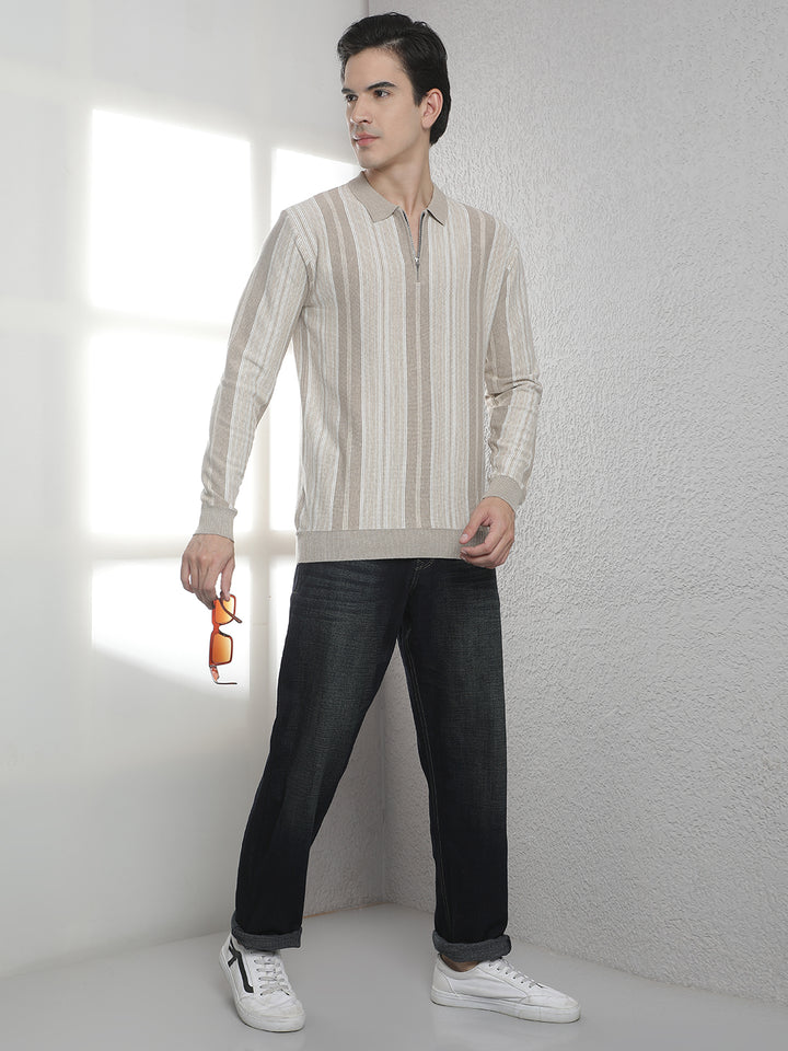 Beige 100% Cotton Verical Stripes Polo Neck Sweater