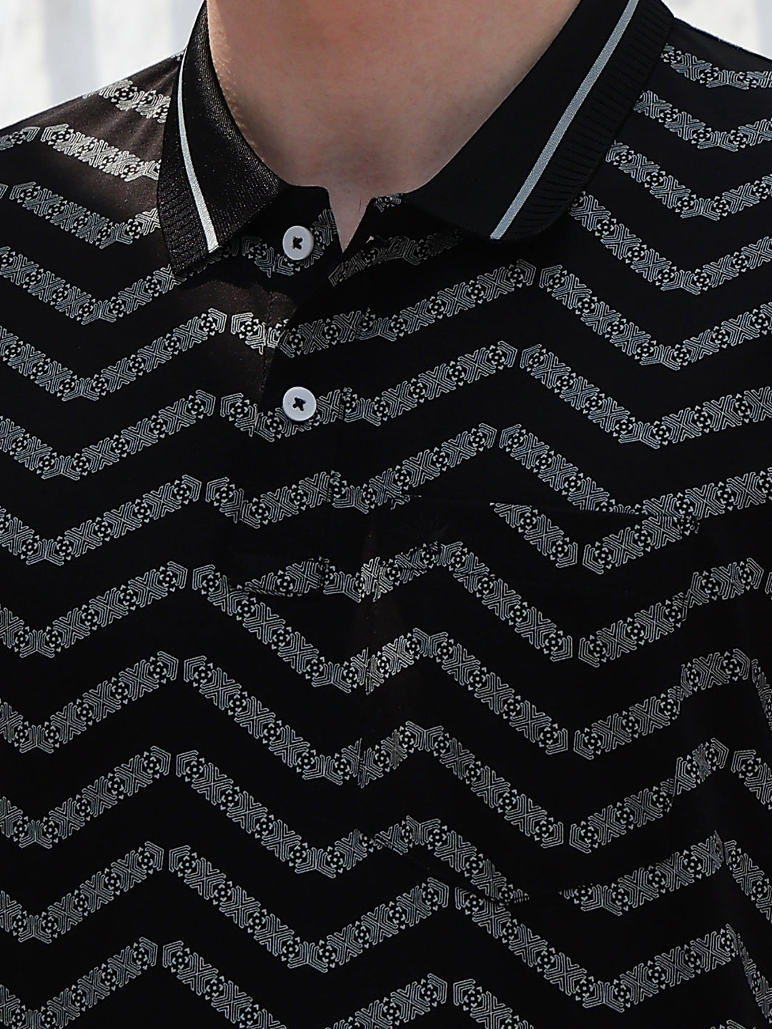 Black Printed Polo Neck 100% Cotton T-Shirt