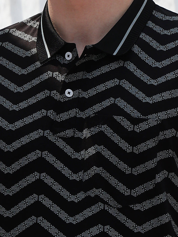 Black Printed Polo Neck 100% Cotton T-Shirt
