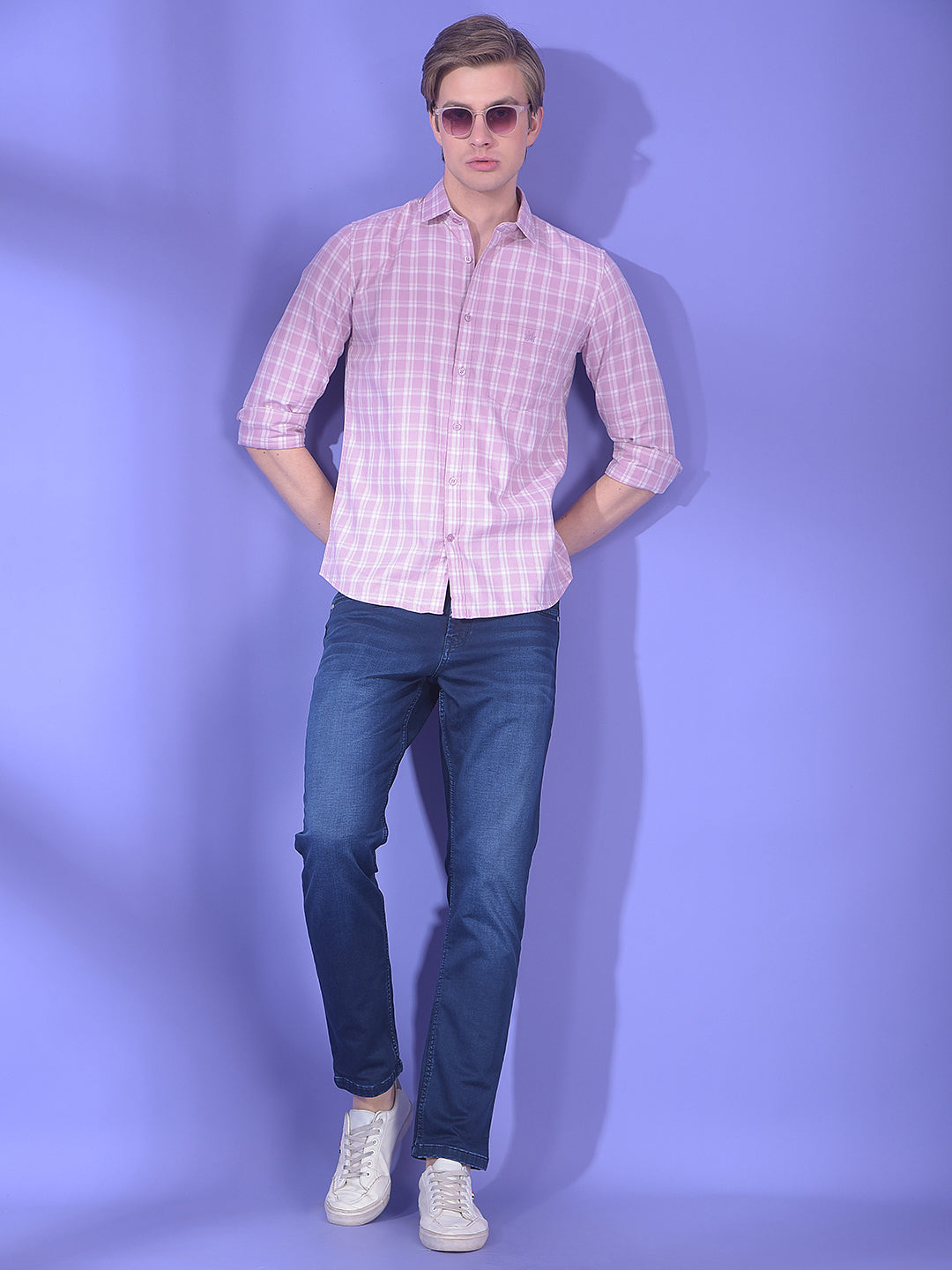Pink Checked 100% Cotton Button-Down Collar Shirt
