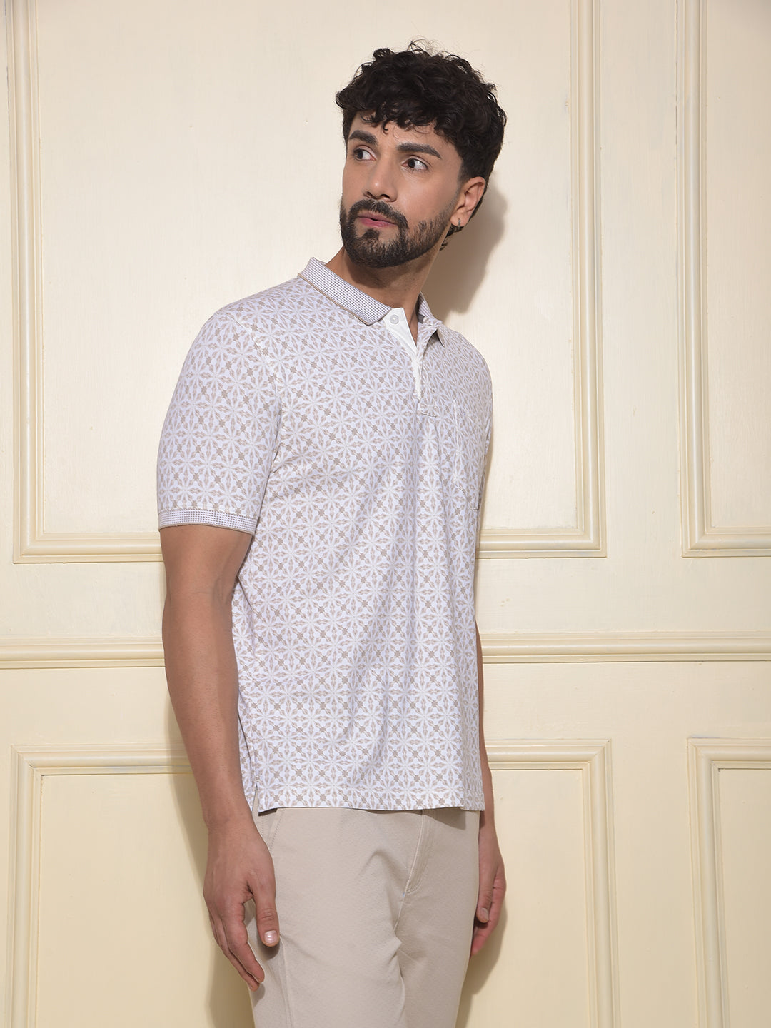 Beige Printed Polo-Neck T-Shirt