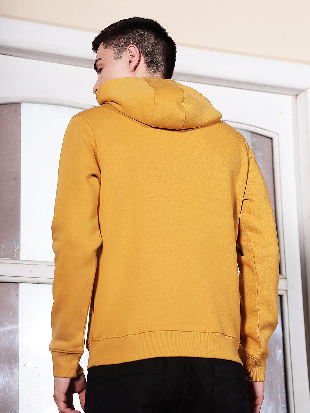 Mustard Typographic Print Hooded Neck Sweatshirt