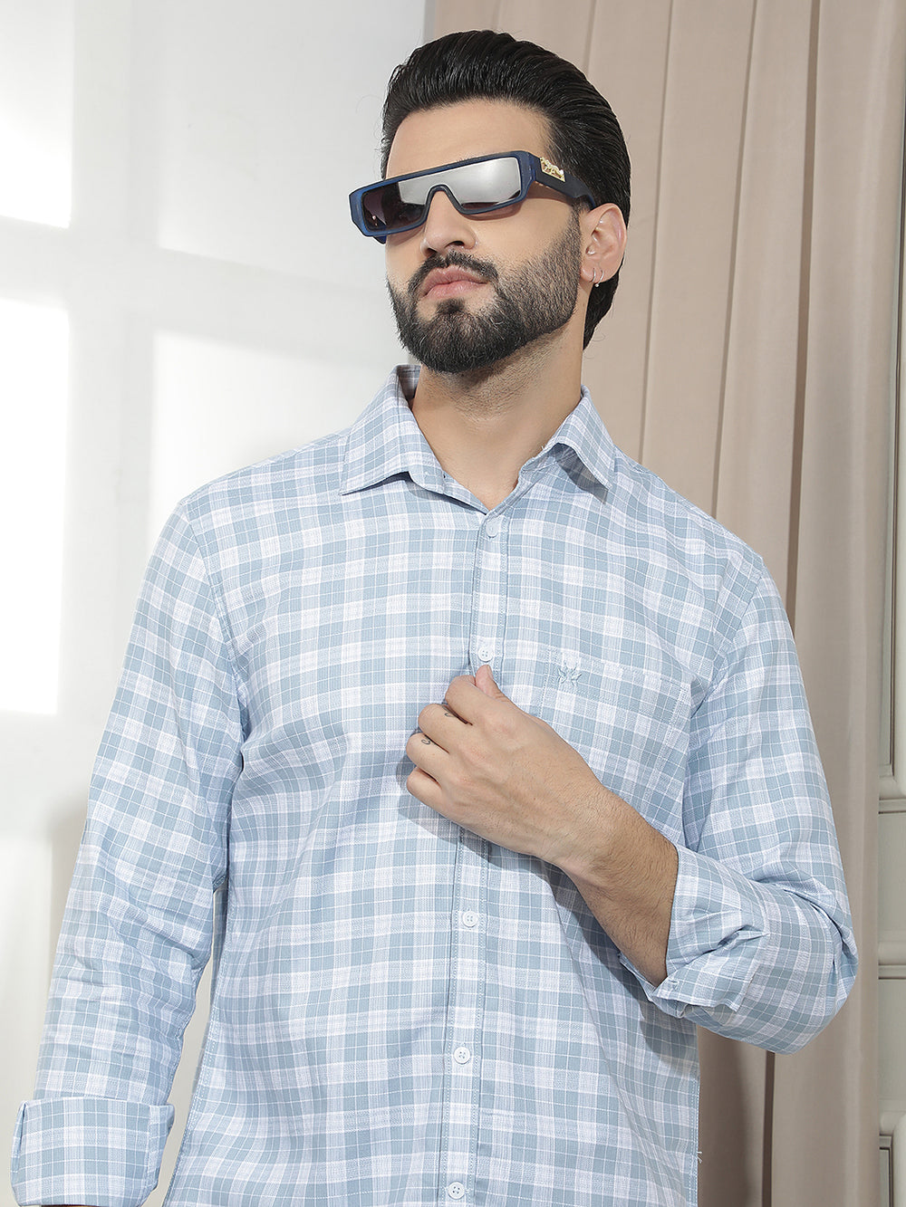 Pastel Blue 100% Cotton Checked Shirt
