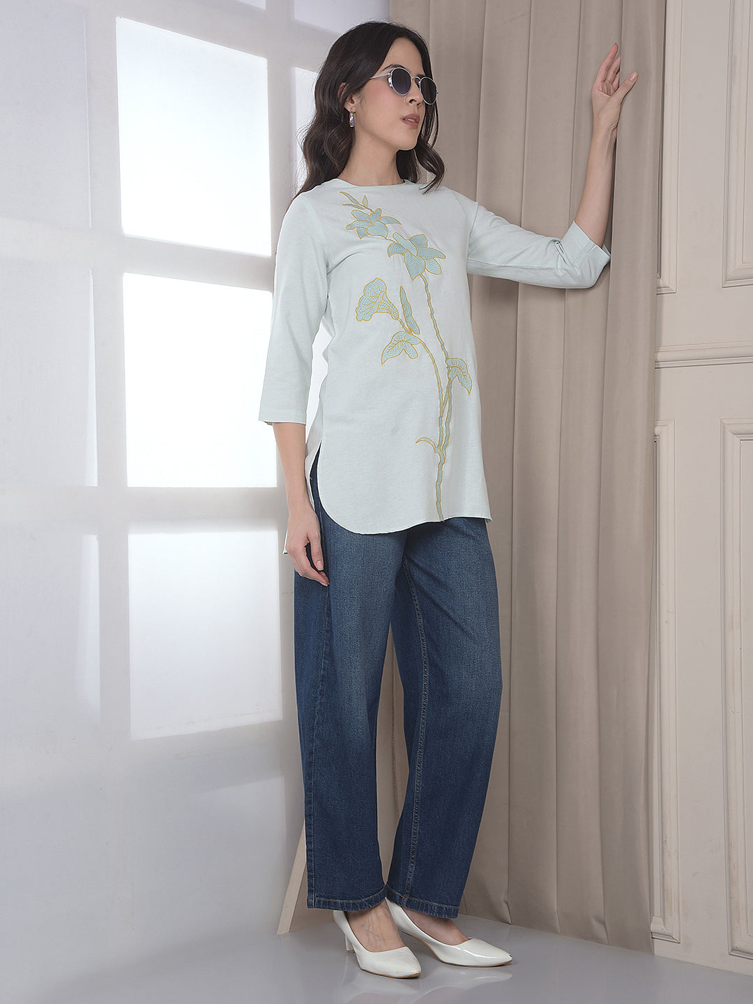 Green Embroidered Linen Longline Top