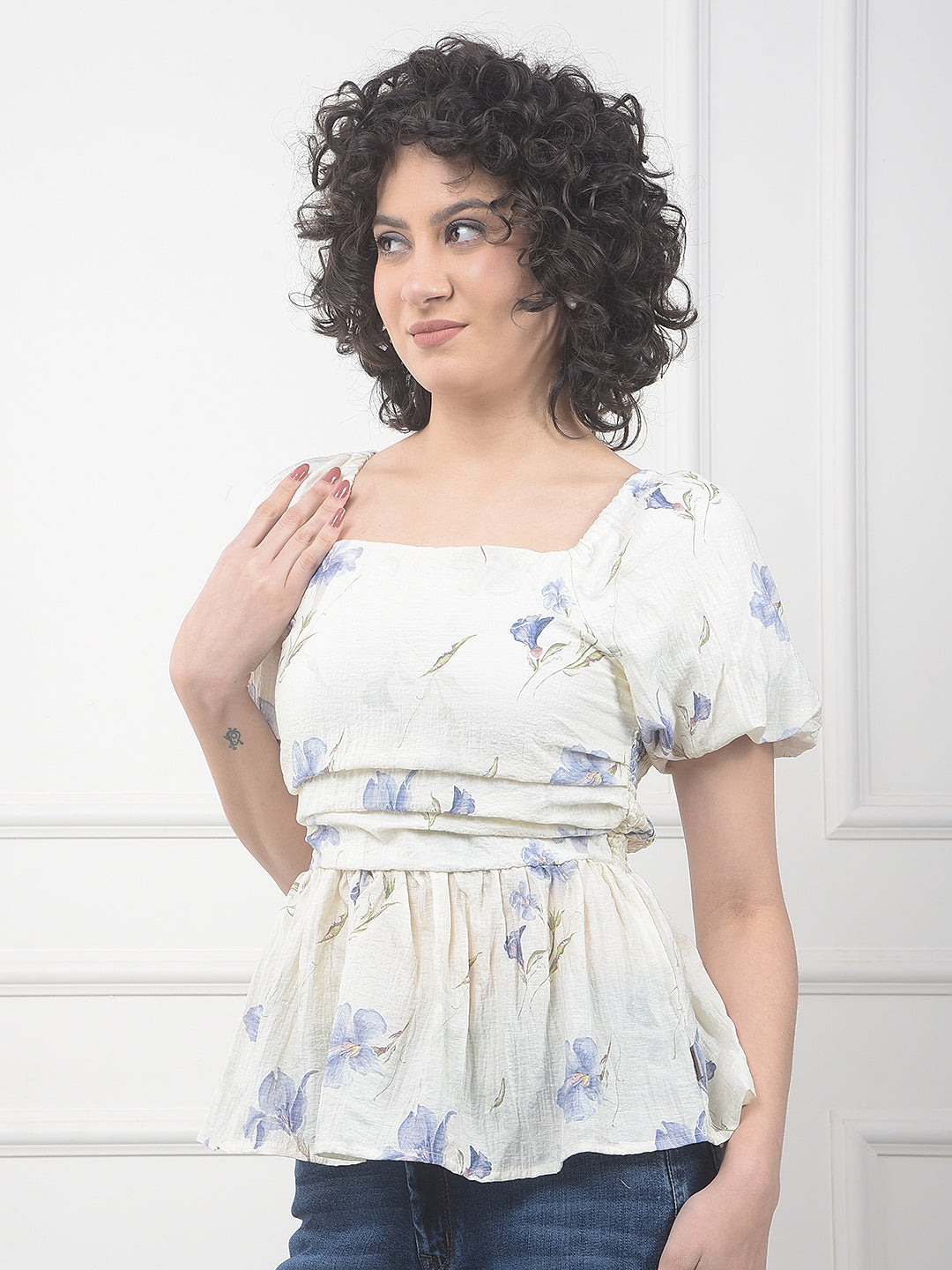 Blue Floral Print Square Neck Peplum Top