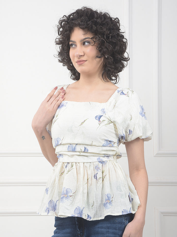 Blue Floral Print Square Neck Peplum Top