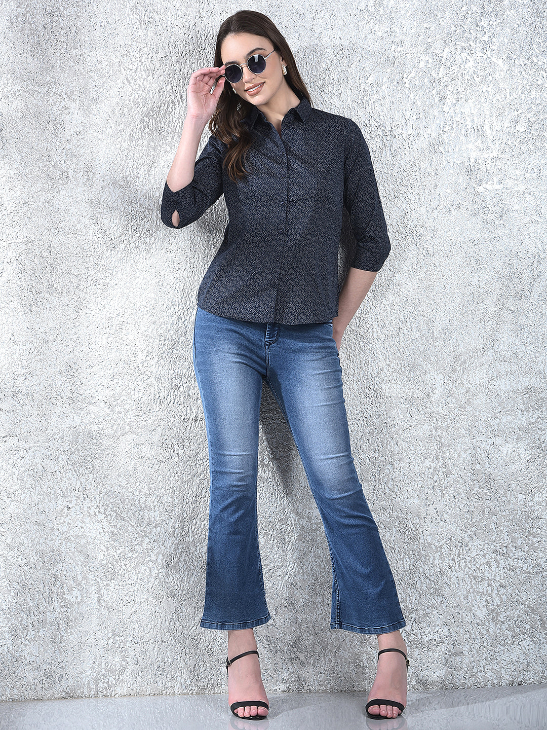Printed Navy Blue Shirt-Women Shirts-Crimsoune Club