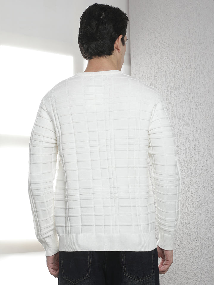White Jacquard Round Neck Sweater