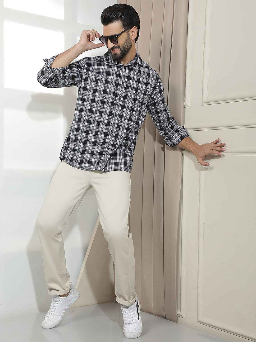 Beige Dobby Straight Trousers