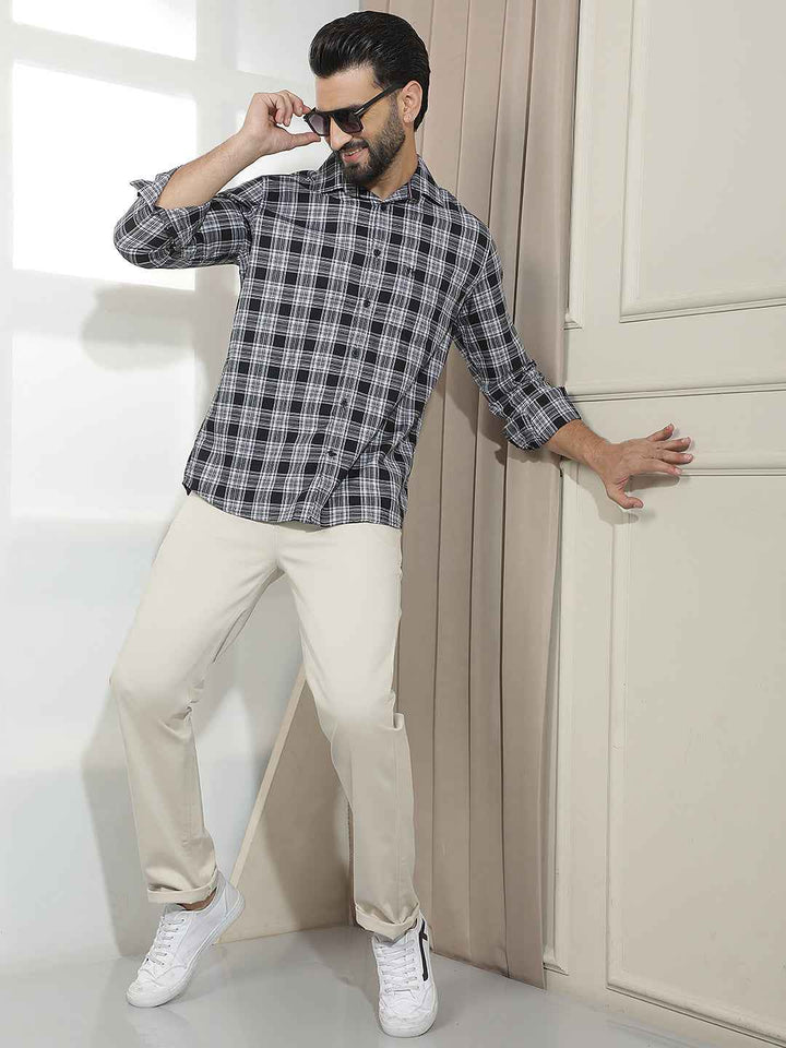 Beige Dobby Straight Trousers