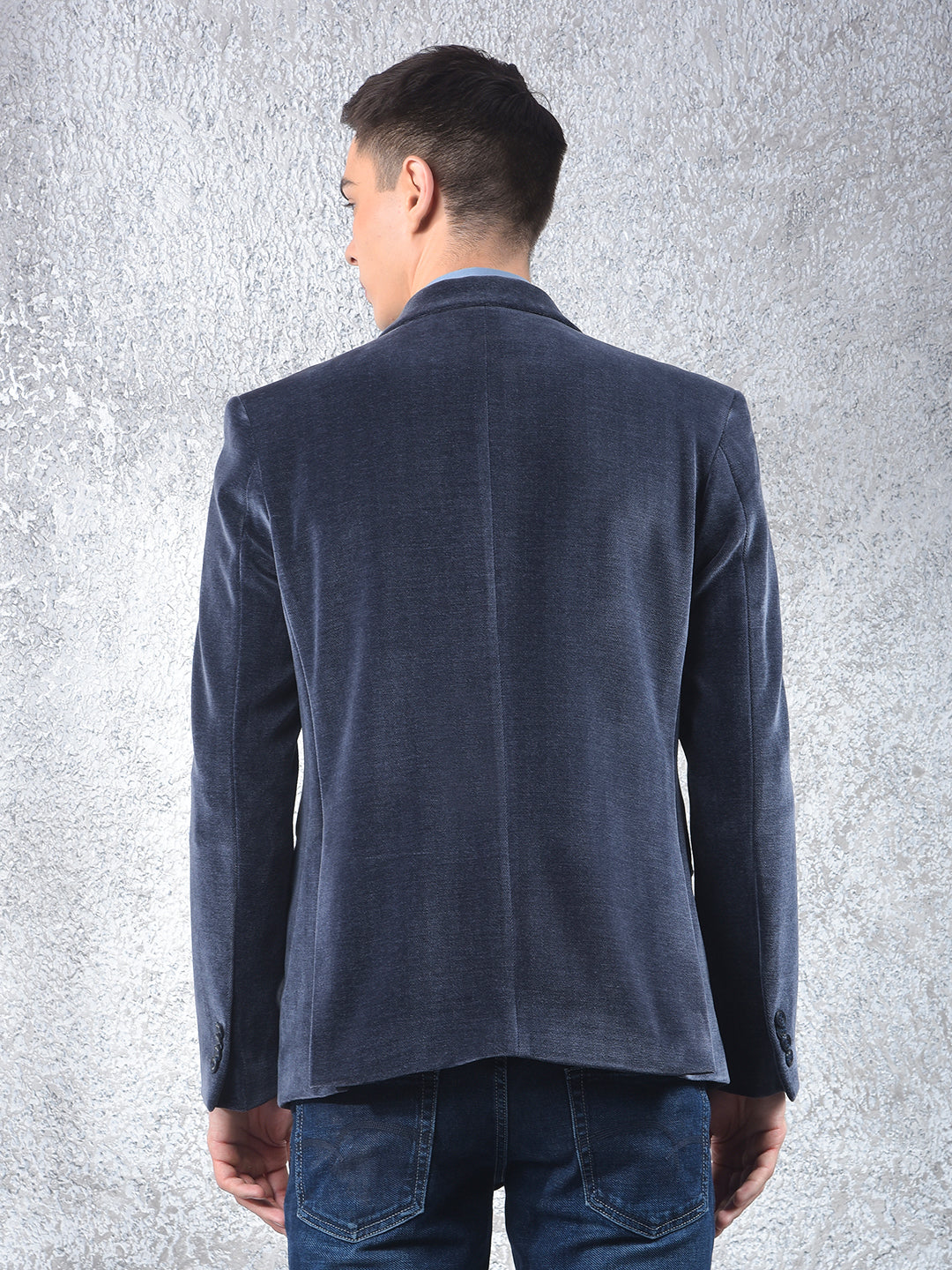 Blue Single-Breasted Velvet Blazer