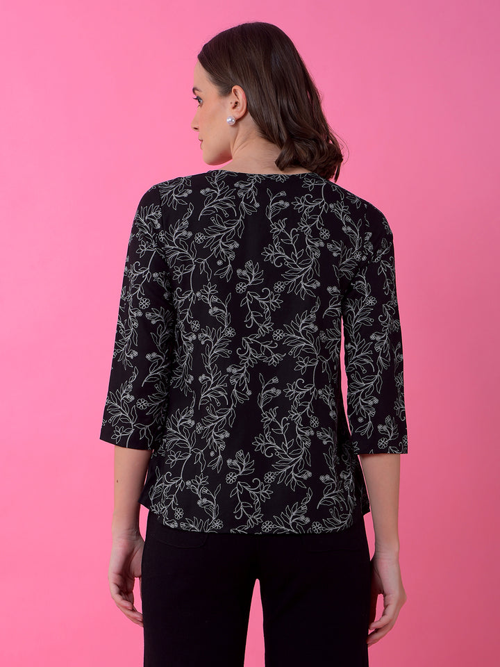 Black Floral Print Tie-Up Top