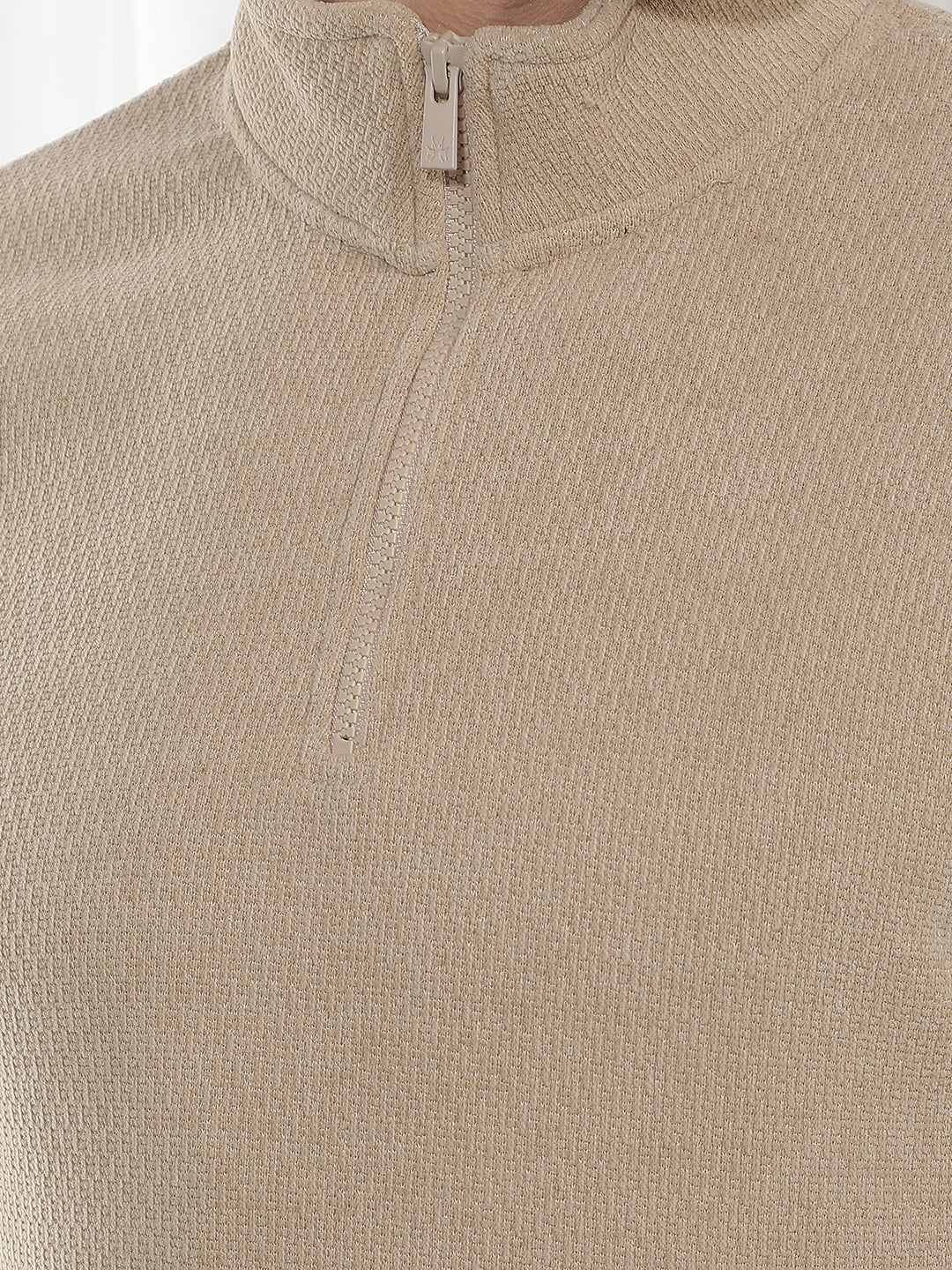 Beige Jacquard High Neck Sweatshirt