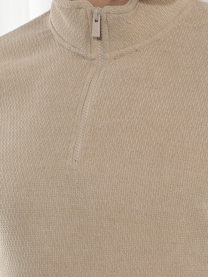 Beige Jacquard High Neck Sweatshirt
