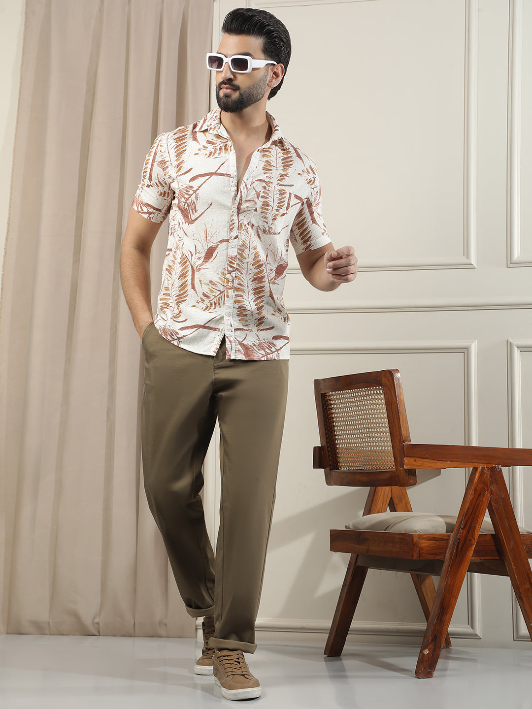 Red Floral Print Linen Shirt