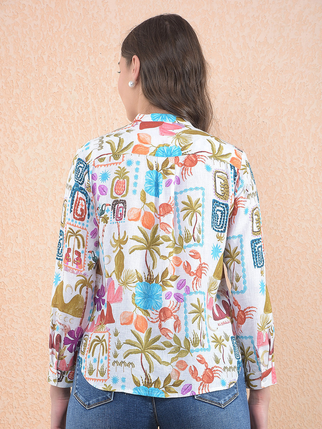 Printed Linen Olive V-Neck Shirt