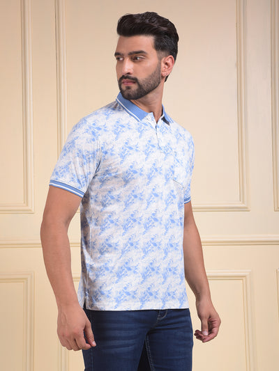 Blue Floral Print Polo Neck T-Shirt