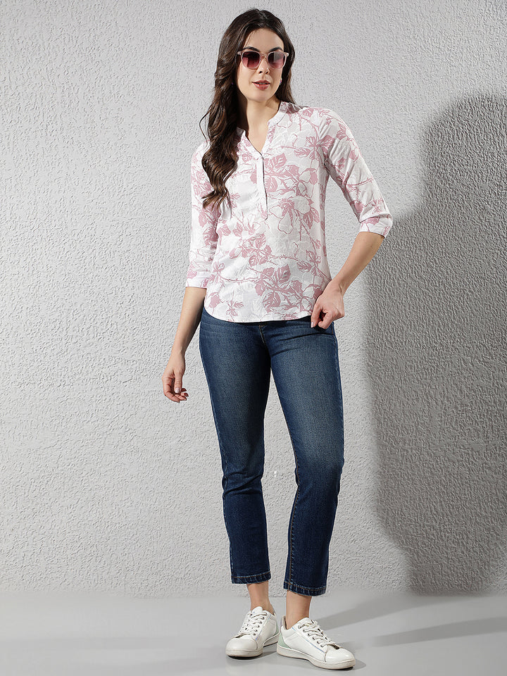 Pink Floral Print V-Neck Linen Top