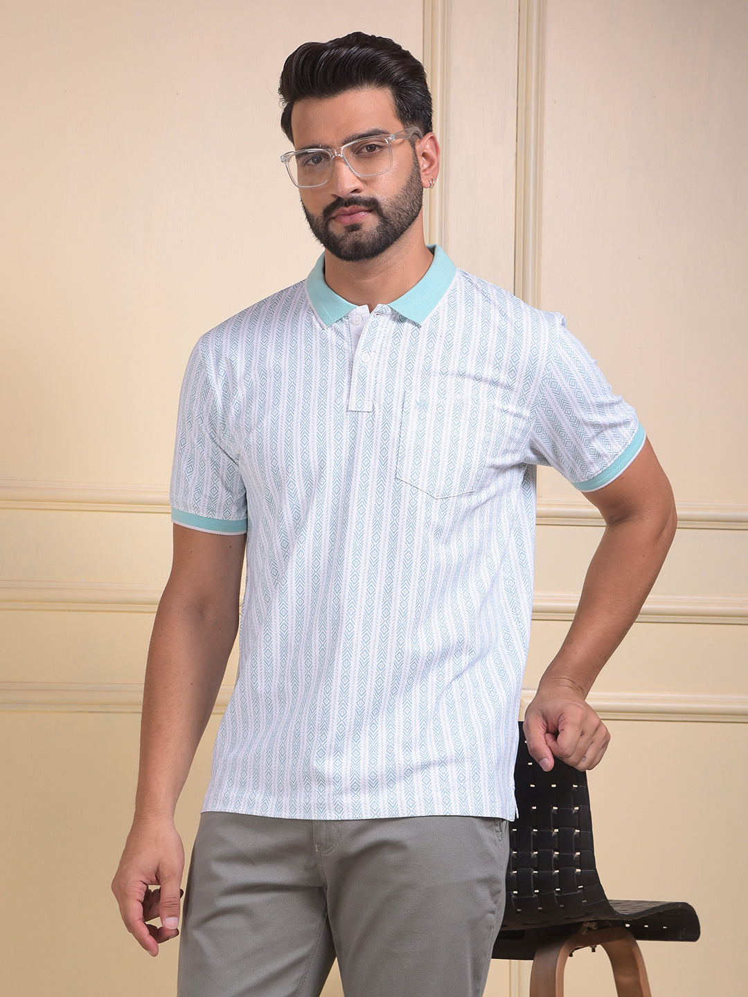 Green Vertical Stripes Polo Neck T-Shirt