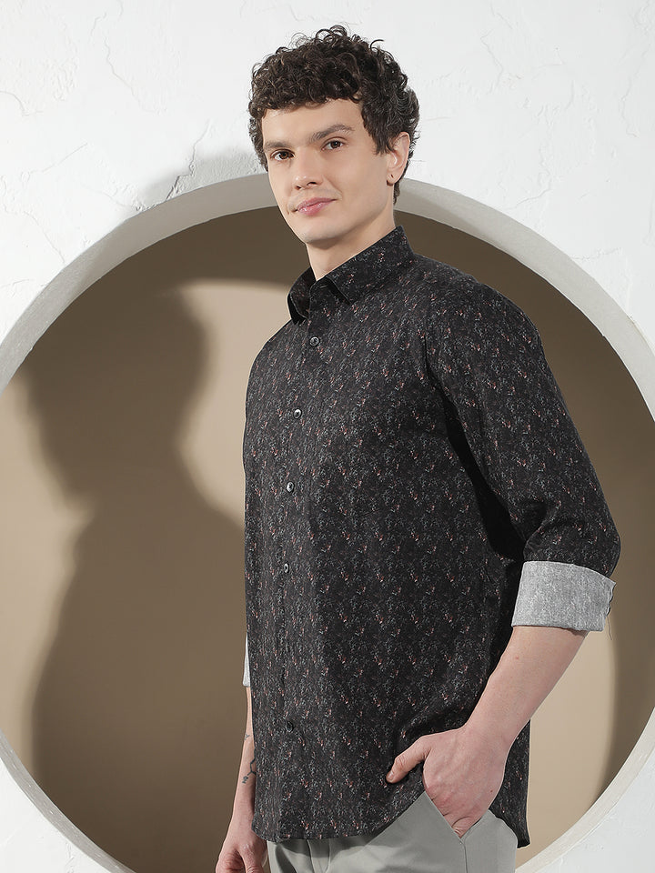 Black Floral Print 100% Cotton Shirt