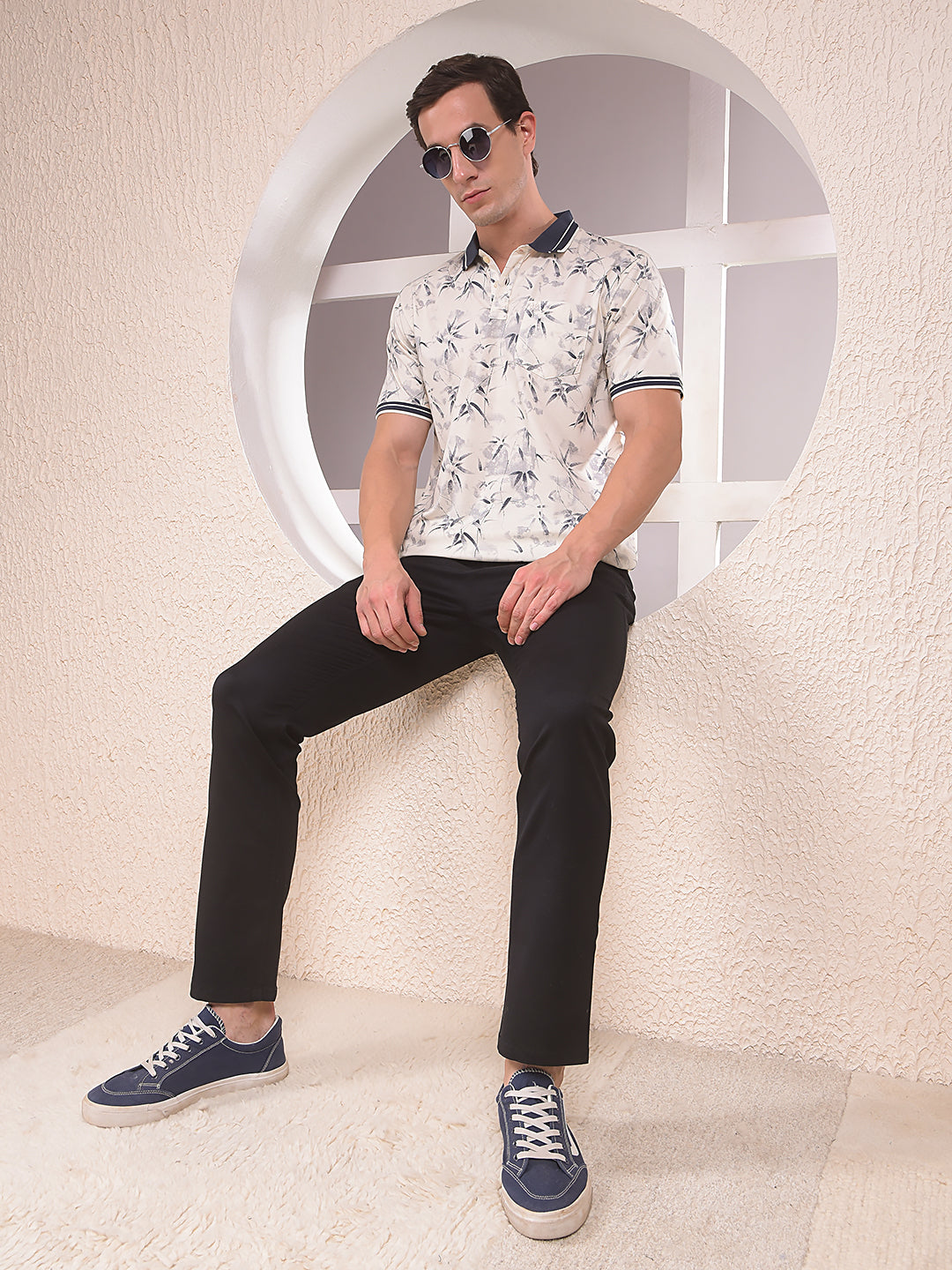 Navy Blue Floral Print Polo Neck T-Shirt