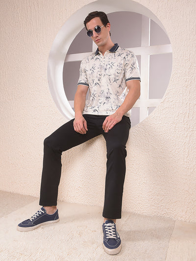 Navy Blue Floral Print Polo Neck T-Shirt