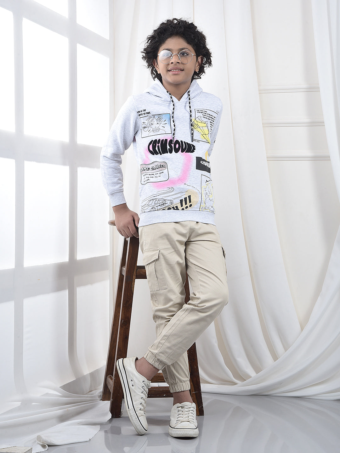 Grey Typographic Print Hooded Neck Sweatshirt