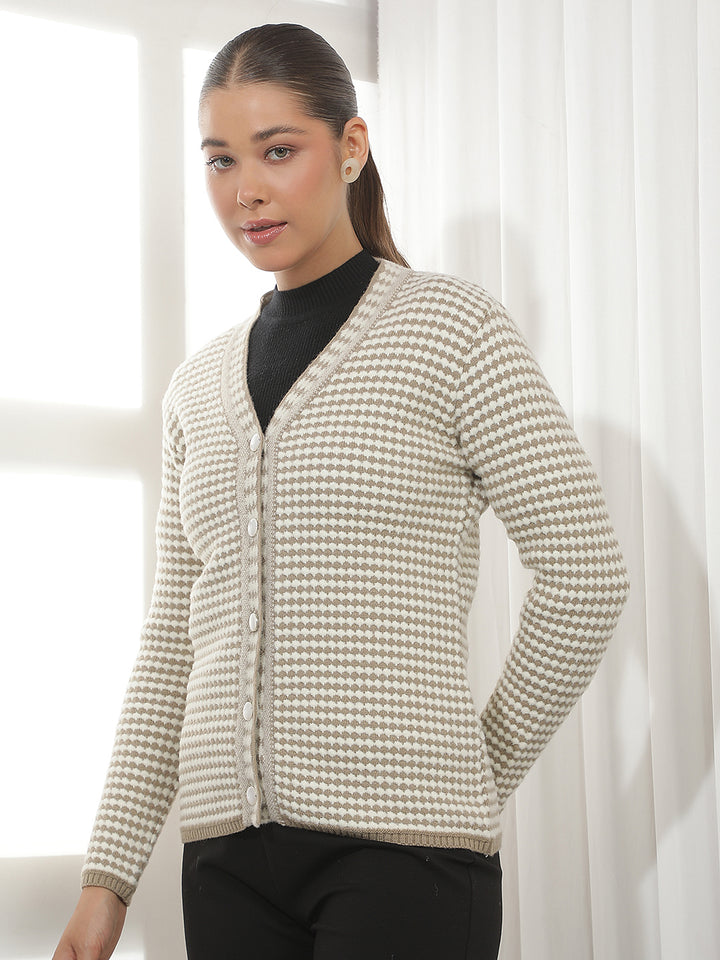 Beige Printed V-Neck Cardigan