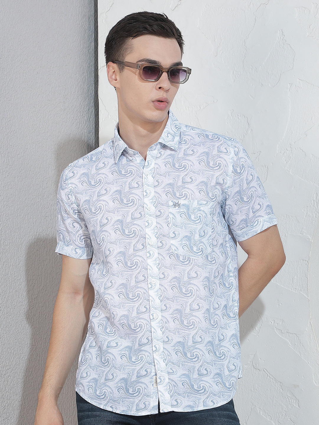 Blue Abstract Print Linen Shirt