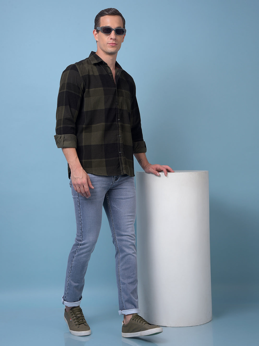 Olive Checked 100% Cotton Corduroy Shirt